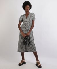 Vestido-Feminino-Midi-Estampado-Xadrez-com-Botoes-Manga-Curta-Bufante-Decote-V--Preto-9957169-Preto_3