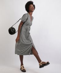 Vestido-Feminino-Midi-Estampado-Xadrez-com-Botoes-Manga-Curta-Bufante-Decote-V--Preto-9957169-Preto_5