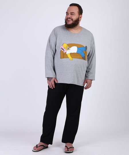 Pijama-Masculino-Plus-Size-Camiseta-Homer-Simpsons--Manga-Longa-Gola-Careca-Cinza-Mescla-9954420-Cinza_Mescla_1