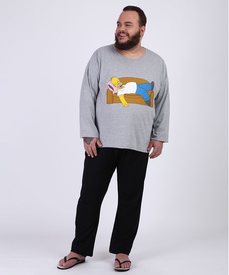 Pijama-Masculino-Plus-Size-Camiseta-Homer-Simpsons--Manga-Longa-Gola-Careca-Cinza-Mescla-9954420-Cinza_Mescla_1