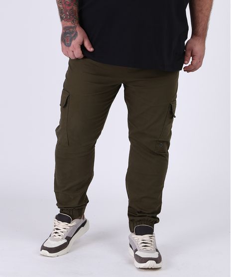 Calca-de-Sarja-Masculina-Plus-Size-em-Moletom-Jogger-Cargo-Verde-Militar-9956503-Verde_Militar_1