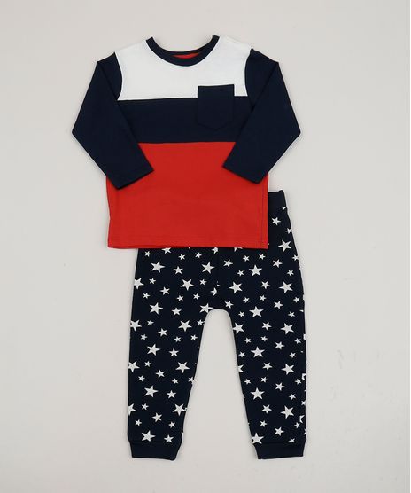 Conjunto-Infantil-de-Camiseta-com-Bolso-Vermelha---Calca-Estampada-de-Estrelas-Azul-Marinho-9951497-Azul_Marinho_1