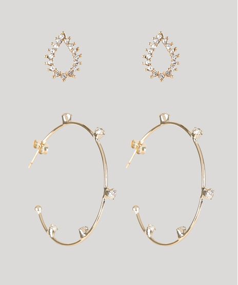 Kit-de-2-Brincos-Femininos-Folheados-com-Strass-Dourado-9943761-Dourado_1