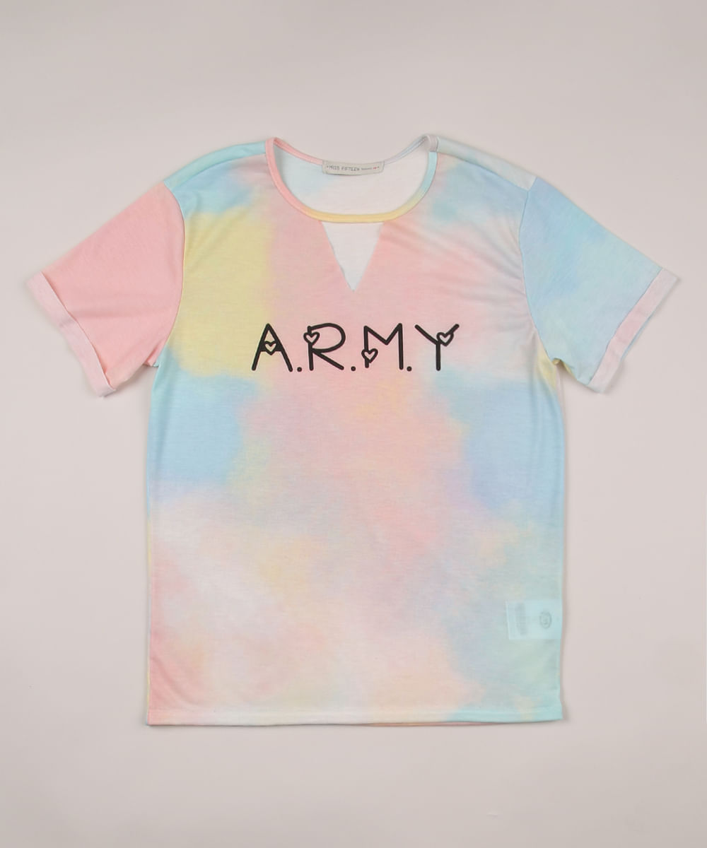 Blusa Juvenil "Army" Estampada Tie Dye Manga Curta Decote Redondo Multicor