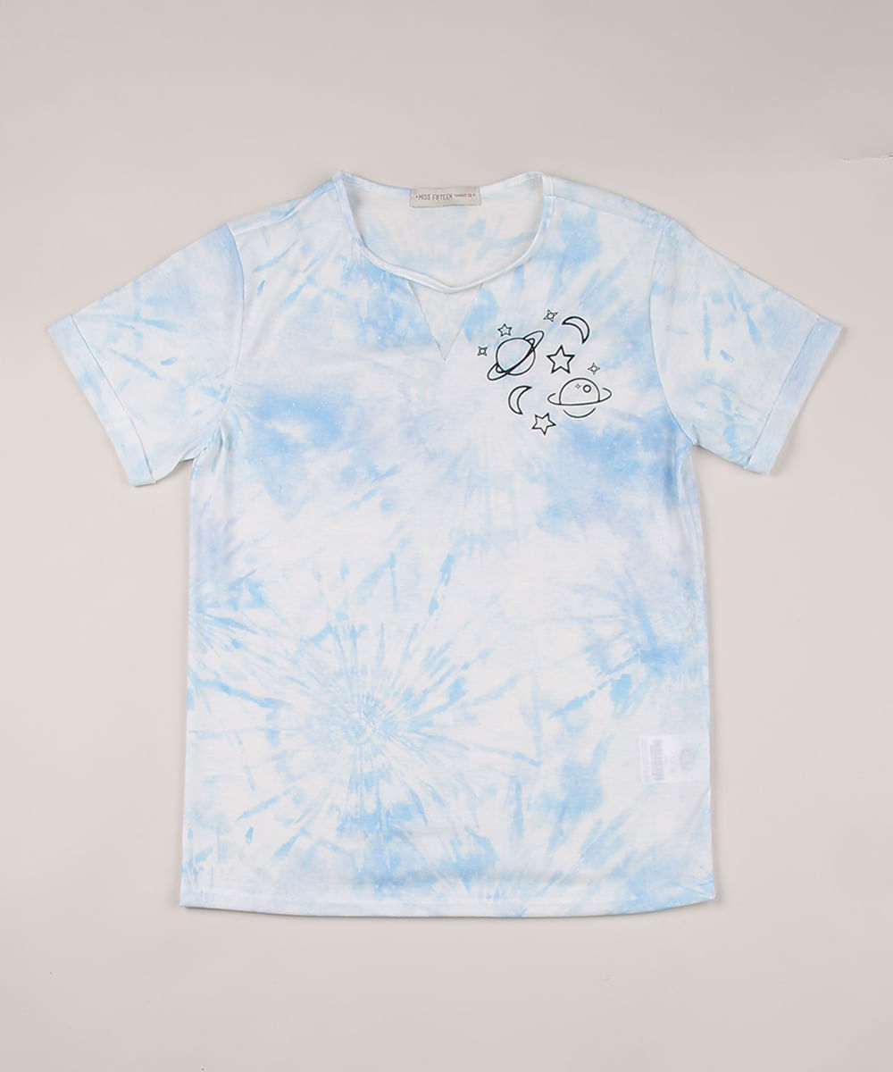 Blusa Juvenil Planetas Estampada Tie Dye Manga Curta Multicor