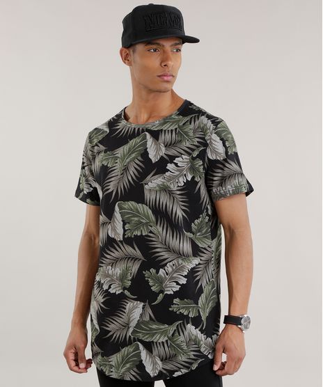 Camiseta-Longa-Estampada-de-Folhagem-Preta-8703736-Preto_1