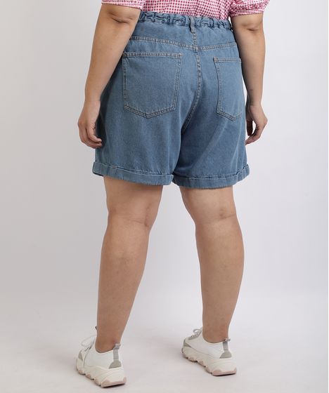 Bermuda Jeans Feminina Mindset Plus Size Com Pregas Cintura Alta Azul Cea