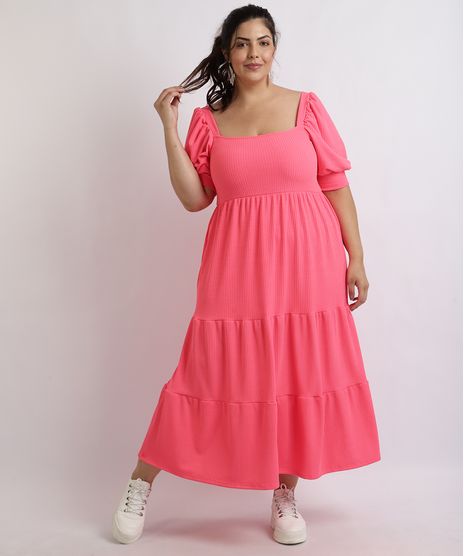 Vestido-Feminino-Mindset-Plus-Size-Midi-Canelado-Com-Babado-Manga-Curta-Bufante-Pink-9959522-Pink_1