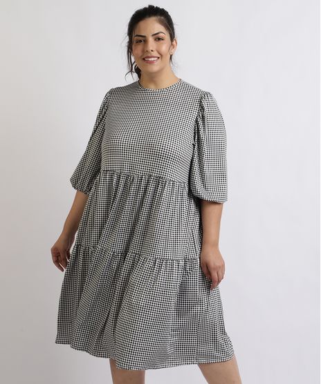 Vestido-Feminino-Mindset-Plus-Size-Midi-Estampado-Xadrez-Com-Babado-Manga-7-8-Bufante-Preto-9959524-Preto_1