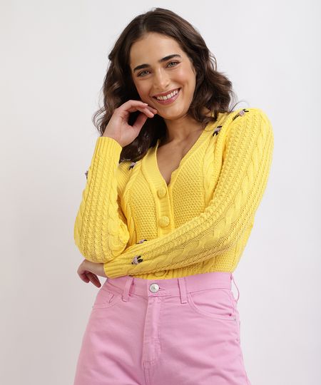 Cardigan-Feminino-Mindset-com-Bordado-de-Flores-Decote-V-e-Botoes-Amarelo-9960566-Amarelo_1