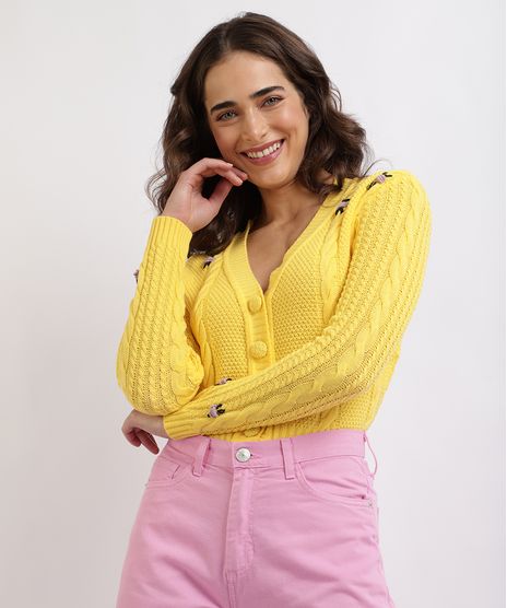 Cardigan-Feminino-Mindset-com-Bordado-de-Flores-Decote-V-e-Botoes-Amarelo-9960566-Amarelo_1