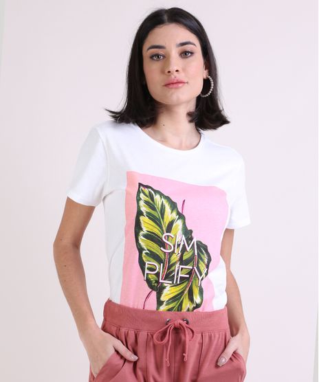 Blusa-Feminina-com-Estampa-de-Folhagem-Simplify-Manga-Curta-Decote-Redondo--Off-White-9954323-Off_White_1