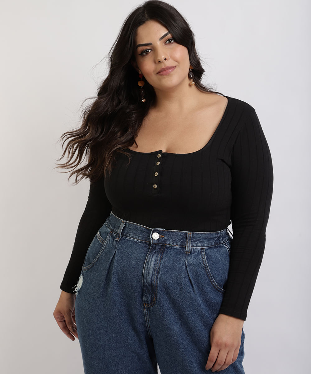 body feminino plus size manga longa