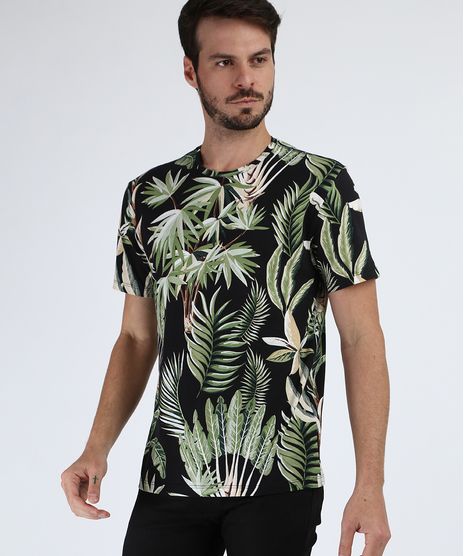 Camiseta-Estampada-de-Folhagem-Manga-Curta-Decote-Careca-Preta-9953053-Preto_1