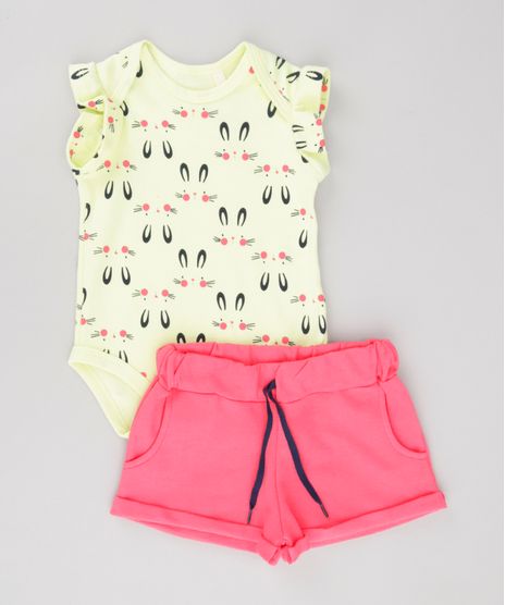 Conjunto-de-Body-Estampado-de-Coelhinhos-Amarelo---Short-em-Moletom-Rosa-Escuro-8688947-Rosa_Escuro_1