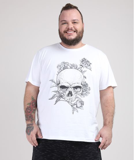 Camiseta-Masculina-Plus-Size-Caveira-com-Rosas-Manga-Curta-Gola-Careca-Branca-9951580-Branco_1