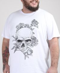 Camiseta-Masculina-Plus-Size-Caveira-com-Rosas-Manga-Curta-Gola-Careca-Branca-9951580-Branco_4