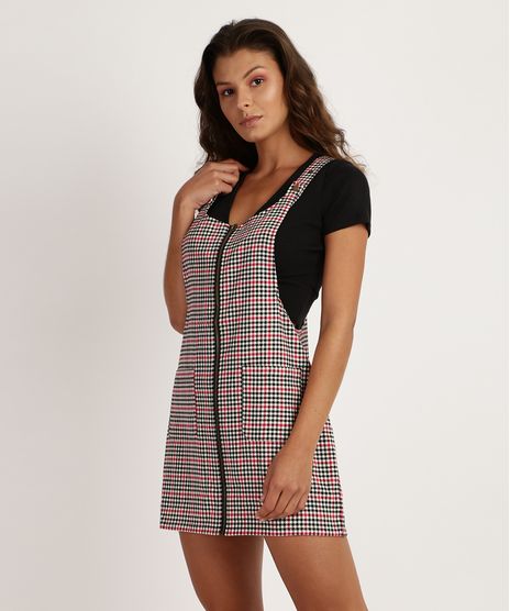Salopete-Feminina-Estampado-de-Xadrez-com-Ziper-e-Bolsos-Preta-9816995-Preto_1