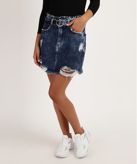Saia-Jeans-Feminina-Curta-Clochard-Destroyed-com-Cinto-Azul-Escuro-9950647-Azul_Escuro_1