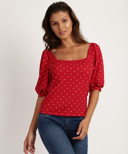 Blusa-Feminina-Estampada-de-Poa-Manga-3-4-Decote-Reto-Vermelha-9952218-Vermelho_1