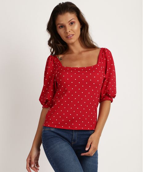Blusa-Feminina-Estampada-de-Poa-Manga-3-4-Decote-Reto-Vermelha-9952218-Vermelho_1