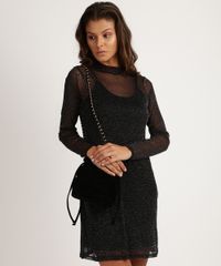 Vestido-de-Tule-Feminino-Curto-com-Brilho-Manga-Longa-Gola-Alta-Preto-9945932-Preto_1