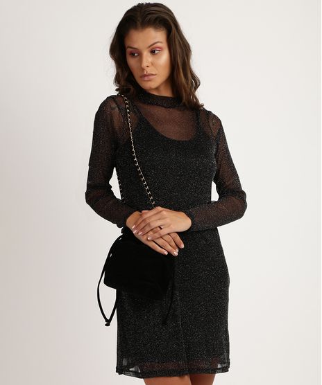 Vestido-de-Tule-Feminino-Curto-com-Brilho-Manga-Longa-Gola-Alta-Preto-9945932-Preto_1