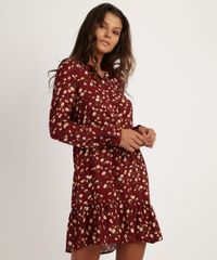 Vestido-Feminino--Curto-Estampado-Floral-Manga-Longa-com-Babados-Vermelho-Escuro-9948486-Vermelho_Escuro_1