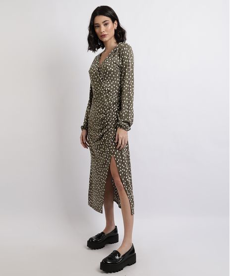 Vestido-Feminino-Midi-Estampado-de-Poa-Transpassado-com-Fenda-Manga-Longa-Marrom-9947115-Marrom_1