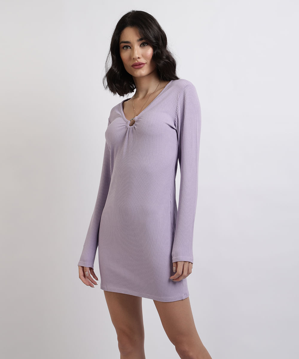 Vestido Feminino Curto Canelado com Argola Manga Longa Roxo