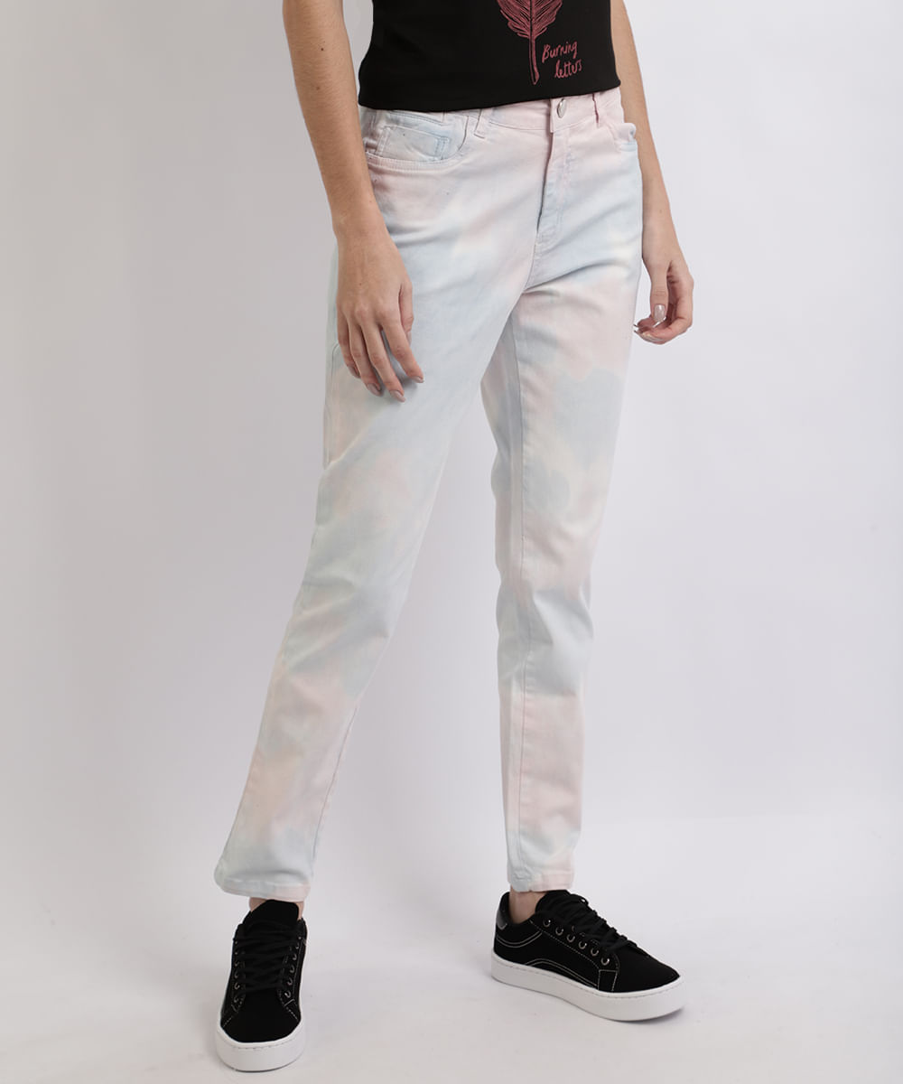 Calça Jeans Feminina Skinny Cintura Alta Tie Dye Multicor