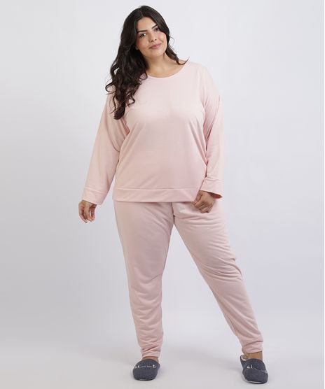 Pijama-de-Moletom-Feminino-Plus-Size-Blusa-Manga-Curta-Decote-Redondo-Rosa-Claro-9955854-Rosa_Claro_1