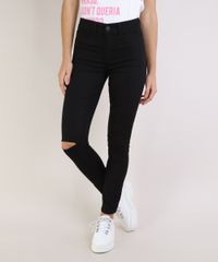 Calca-Jeans-Feminina-Skinny-Cintura-Media-com-Rasgo-no-Joelho-Preta-9955101-Preto_1