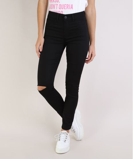 Calca-Jeans-Feminina-Skinny-Cintura-Media-com-Rasgo-no-Joelho-Preta-9955101-Preto_1