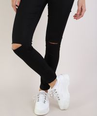 Calca-Jeans-Feminina-Skinny-Cintura-Media-com-Rasgo-no-Joelho-Preta-9955101-Preto_4