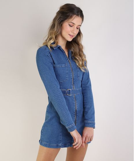 Vestido-Jeans-Feminino-Curto-com-Bolsos-e-Cinto-Manga-Longa-Azul-Medio-9953043-Azul_Medio_1