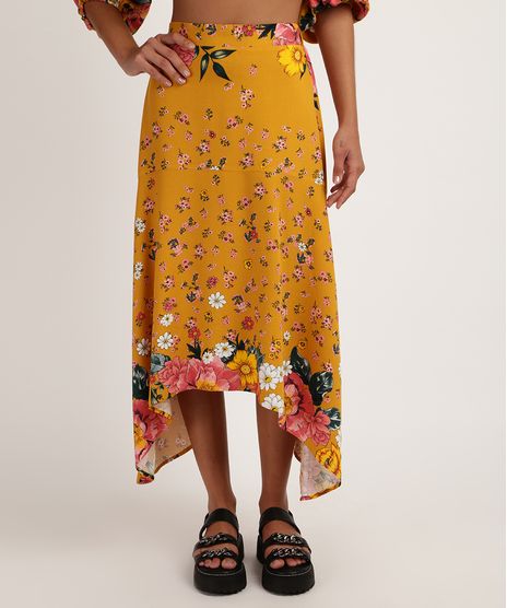 Saia-Feminina-Midi-Assimetrica-Estampada-Floral-com-Recorte-Amarela-9899573-Amarelo_1