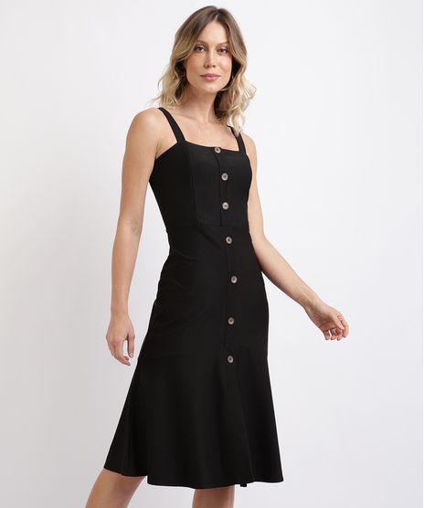 Vestido-Feminino-de-Sarja-Midi-com-Botoes-Alca-Media-Preto-9943321-Preto_1