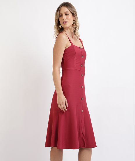 Vestido-Feminino-de-Sarja-Midi-com-Botoes-Alca-Media-Vermelho-9943321-Vermelho_1