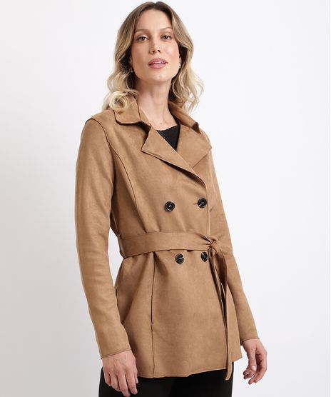 Casaco-Trench-Coat-Suede-Feminino-Transpassado-com-Faixa-para-Amarrar-Marrom-9818020-Marrom_1