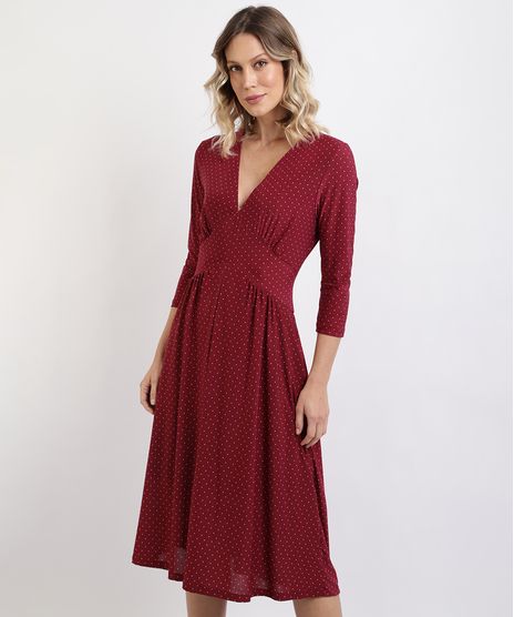 Vestido-Feminino-Midi-Estampa-de-Poa-Manga-7-8-Decote-em-V-Vermelho-Escuro-9946782-Vermelho_Escuro_1