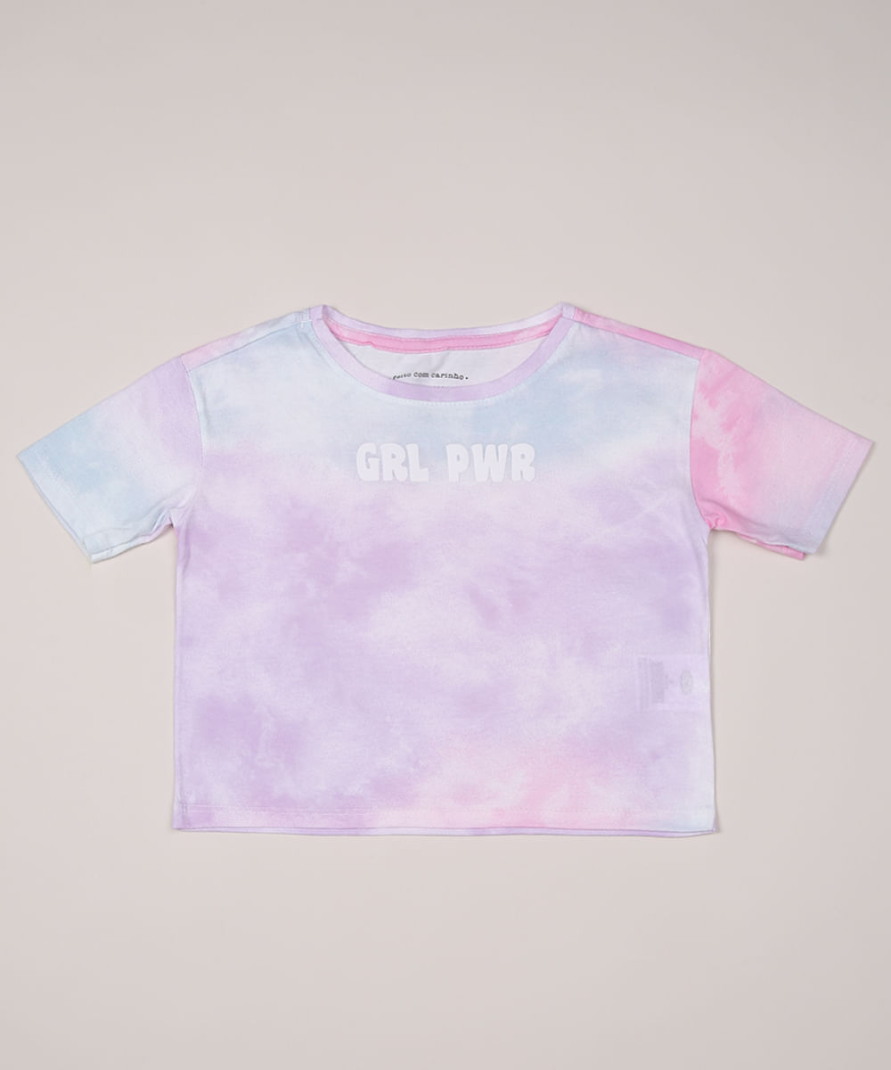 Blusa Infantil Cropped "Girl Power" Estampada Tie Dye Manga Curta Rosa