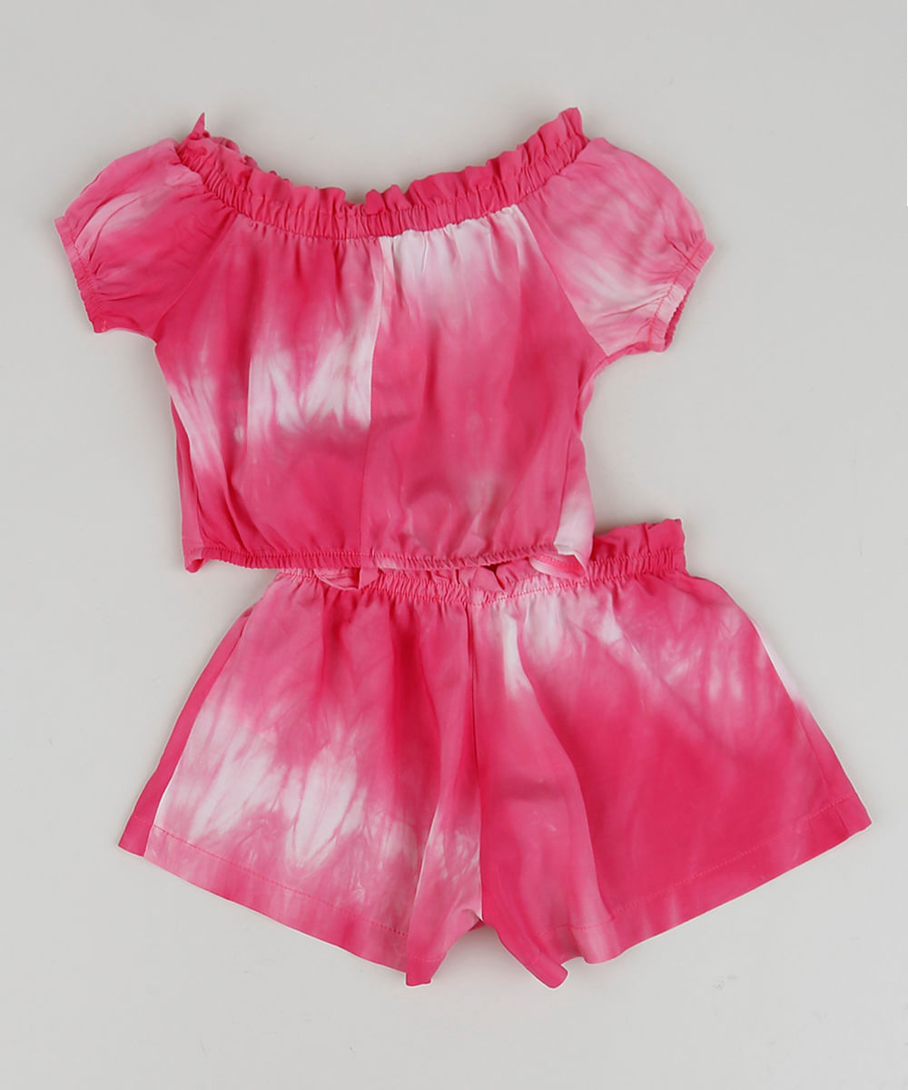 Conjunto Infantil Estampado Tie Dye de Blusa + Short Rosa