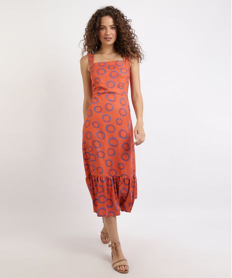 Vestido-Feminino-Midi-Estampado-de-Argolas-com-babado-Alca-Media-Decote-Reto-Laranja-9953118-Laranja_1