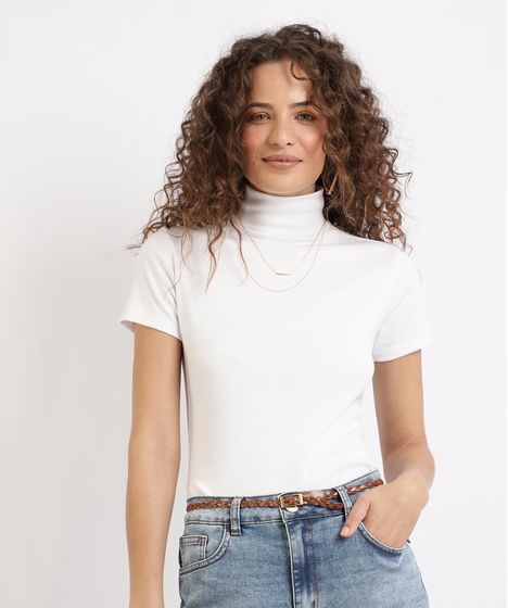 blusa branca gola alta manga curta