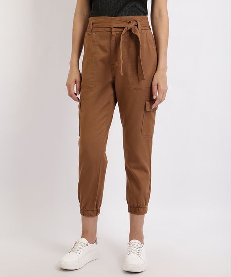 Calca-de-Sarja-Feminina-Jogger-Cargo-Cintura--Super-Alta-com-Faixa-para-Amarrar-Marrom-9952229-Marrom_1