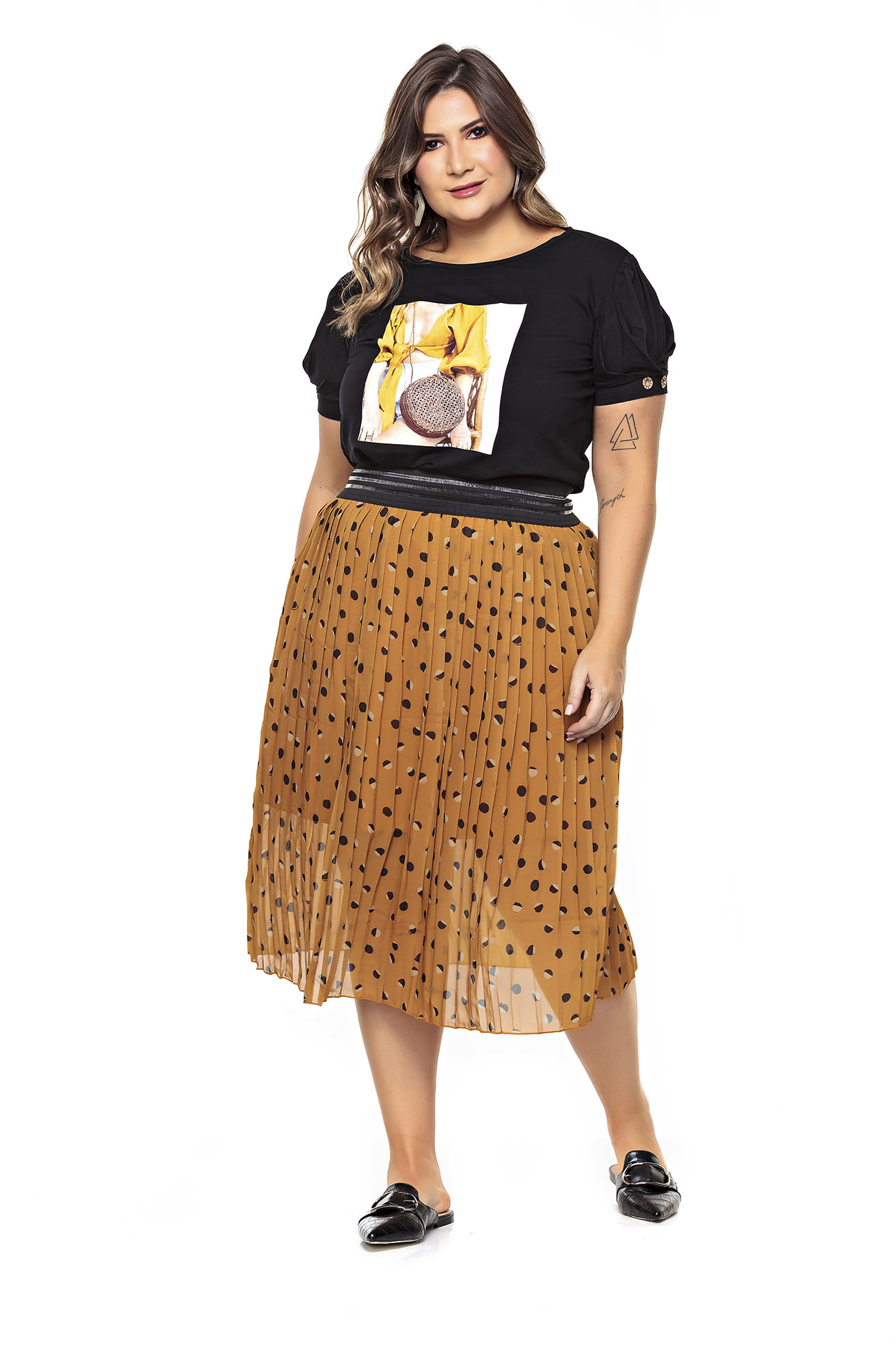 saia midi plissada plus size