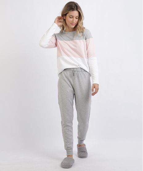 Pijama-de-Moletom-Feminino-com-Recortes-Manga-Longa-Cinza-Mescla-9953268-Cinza_Mescla_1