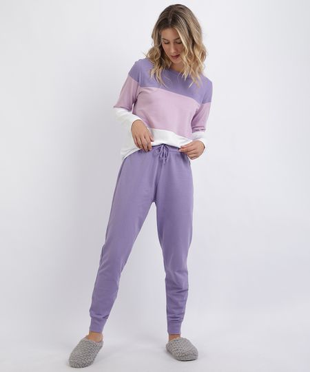 Pijama-de-Moletom-Feminino-com-Recortes-Manga-Longa-Lilas-9953268-Lilas_1
