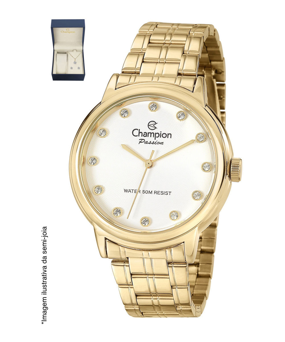 kit de relógio analógico champion feminino colar e brinco cn29874w dourado